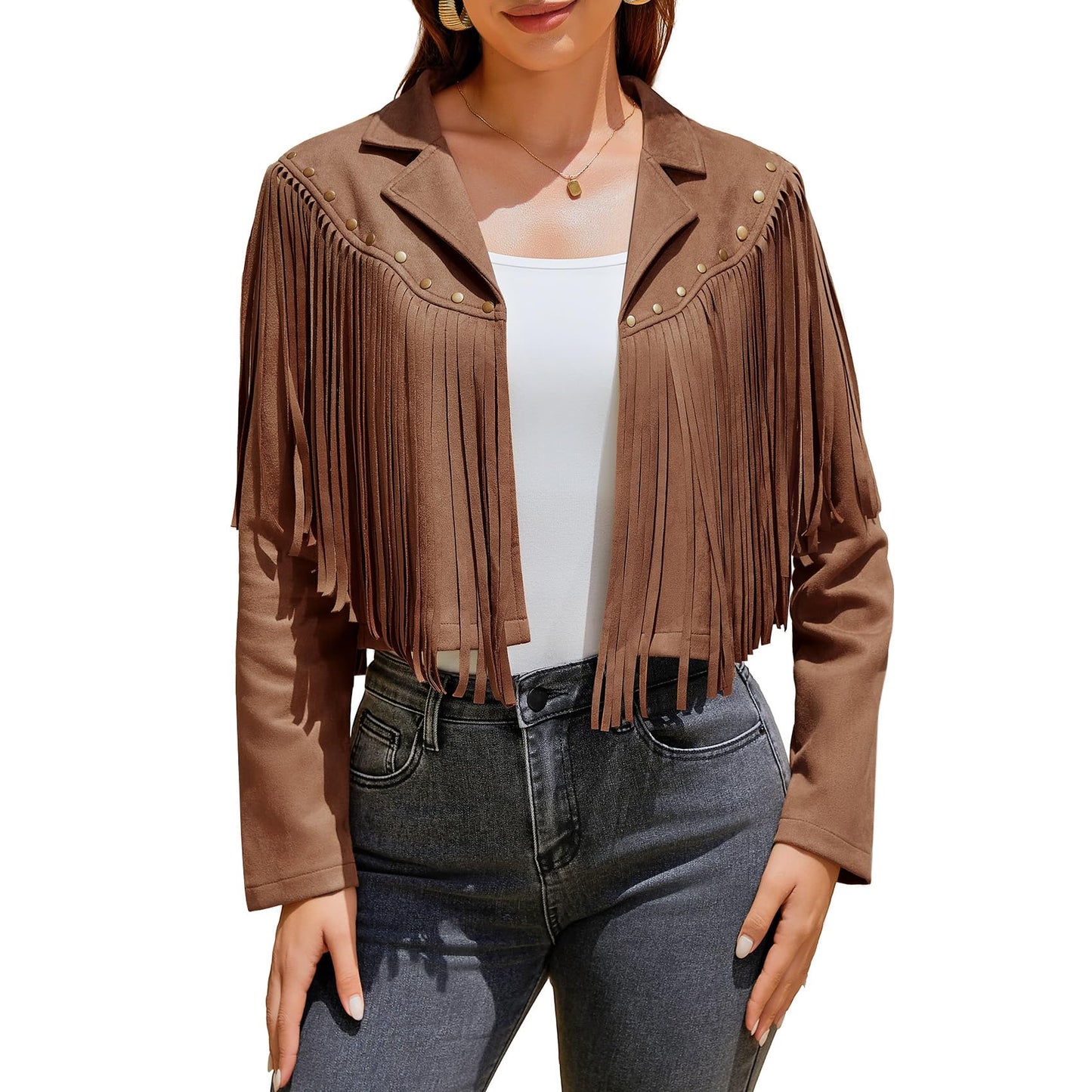 UpFind Women's Fringe Faux Suede Leather Jackets Fashion Fall Western Tassel Motorcycle Cropped Open Front Coats with Rivets, Dark Brown/Large