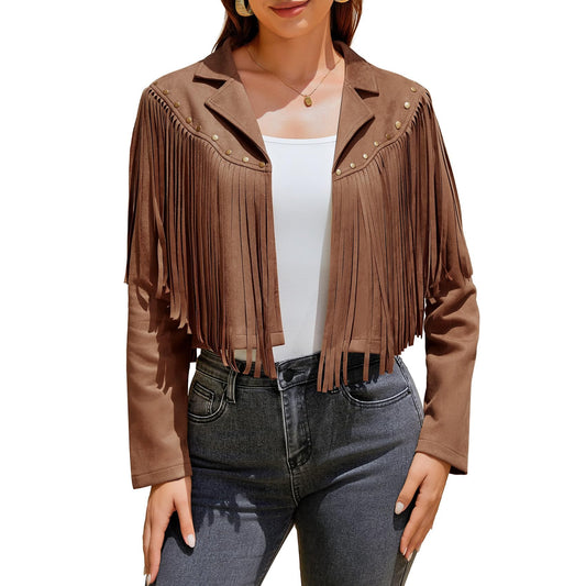UpFind Women's Fringe Faux Suede Leather Jackets Fashion Fall Western Tassel Motorcycle Cropped Open Front Coats with Rivets, Dark Brown/Large