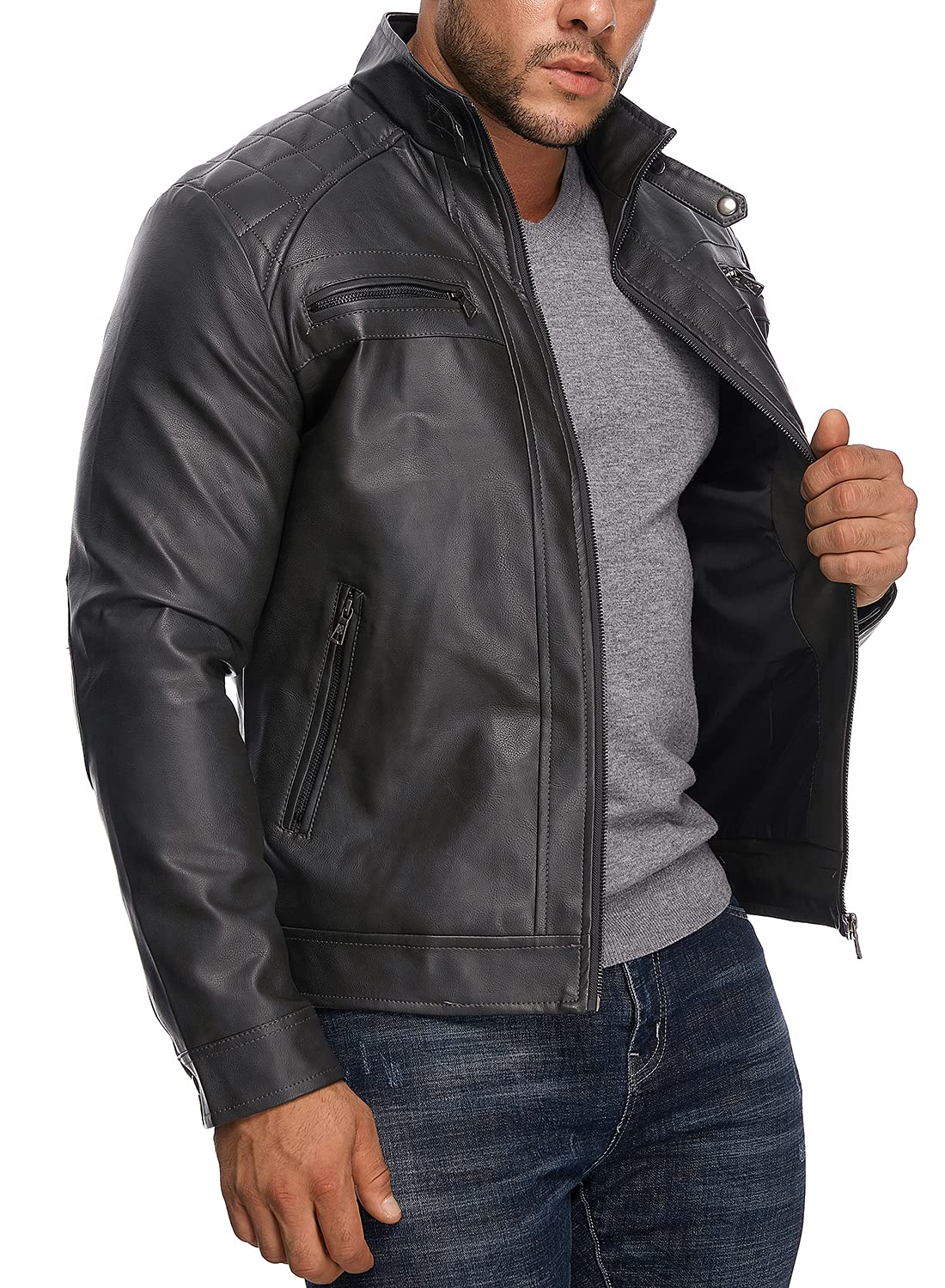 HOOD CREW Men’s Stand Collar Leather Jacket Casual Faux Leather Motorcycle Jacket Outerwear Coat with Zipper Pockets Black L