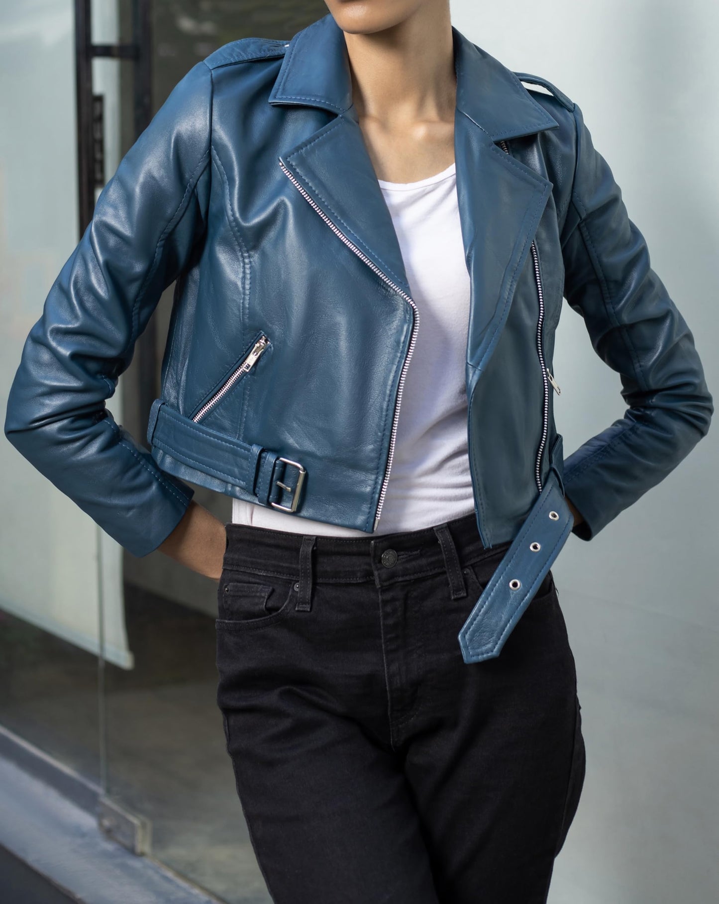 Jild Cropped Leather Jacket Women Lapel Asymmetric Zip Up Moto Biker Short Coat with Belt (CW-Blue-L)