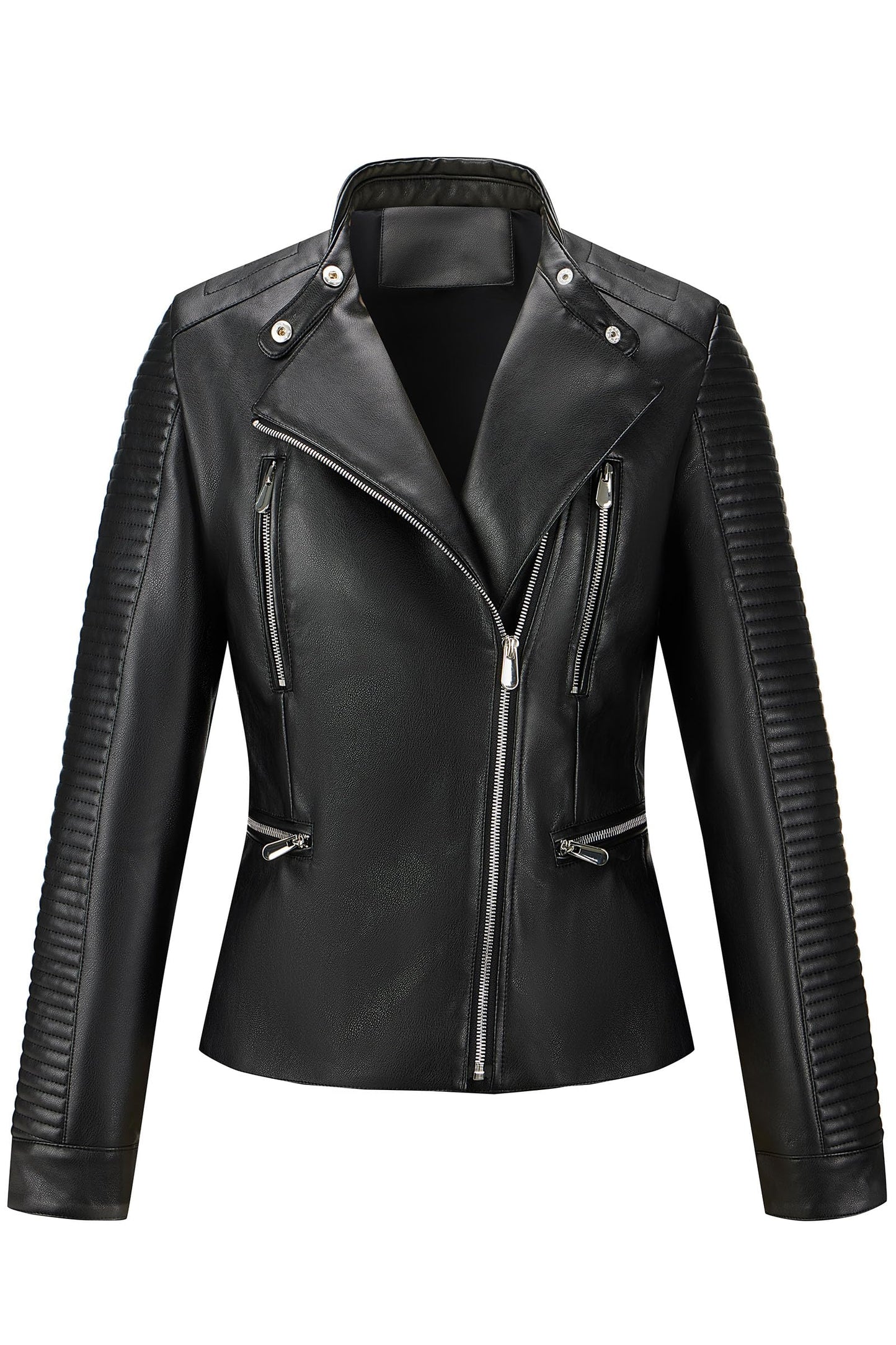RISISSIDA Women Faux Leather Jacket,Premium Motorcycle Jacket,Vegan Pleather Fall Spring Fashion,Quilted Sleeves,Multi-Zipper Pockets,Asymmetrical Biker Style,Casual Stylish Coat Lapel Black 636 L