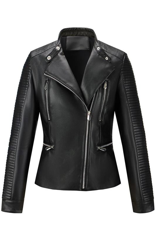 RISISSIDA Women Faux Leather Jacket,Premium Motorcycle Jacket,Vegan Pleather Fall Spring Fashion,Quilted Sleeves,Multi-Zipper Pockets,Asymmetrical Biker Style,Casual Stylish Coat Lapel Black 636 L