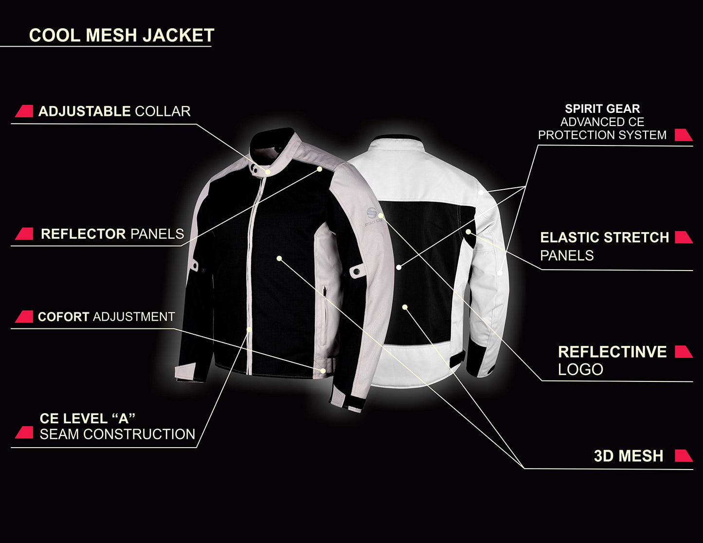 SGR Cool Mesh Cotton Motorcycle Jacket, Black with White Contrast, Zip Front Closure, Protective Riding Gear