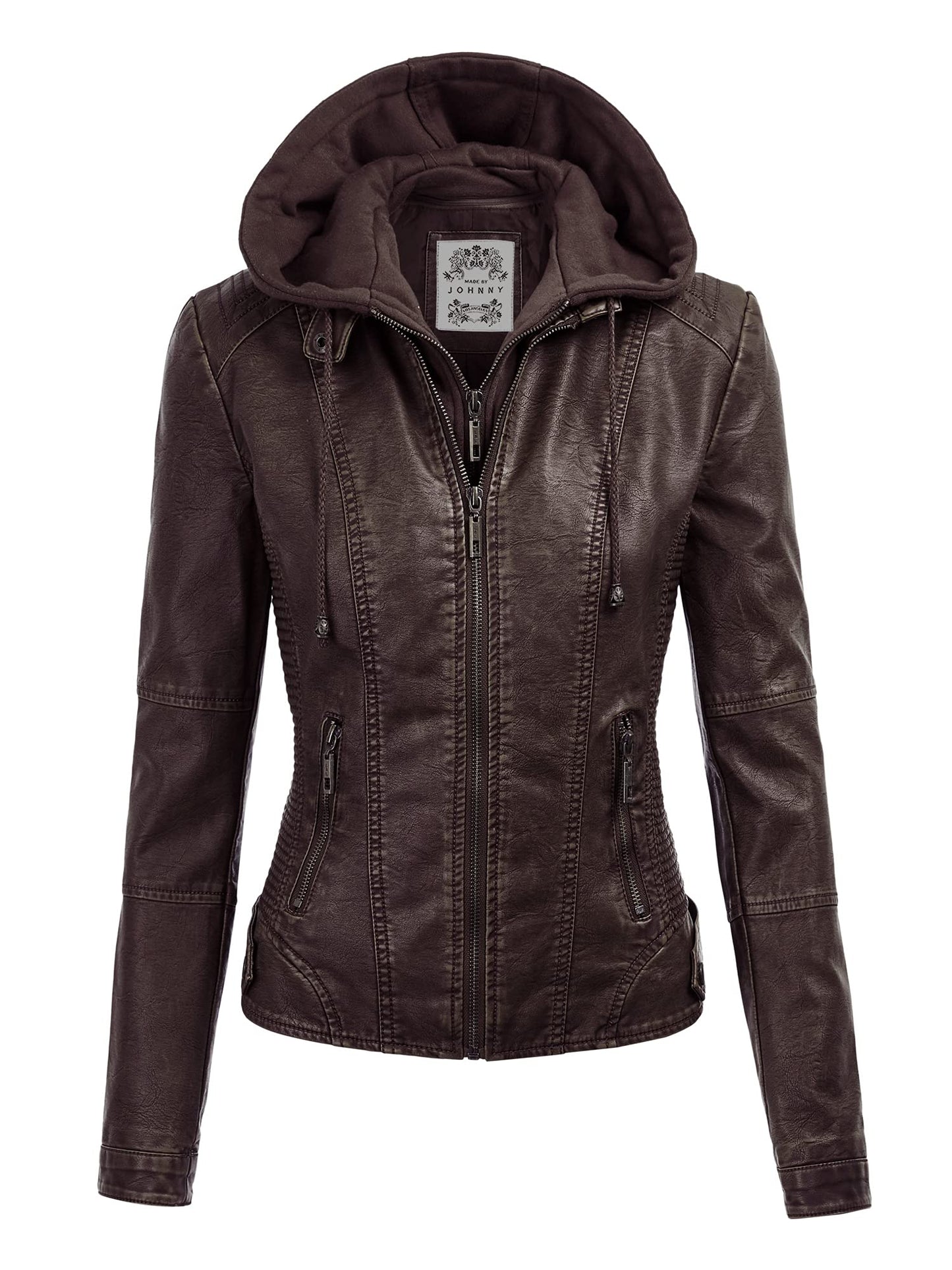 Made By Johnny MBJ WJC1044 Womens Faux Leather Quilted Motorcycle Jacket with Hoodie XL COFFEE