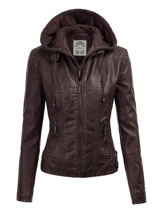 Made By Johnny MBJ WJC1044 Womens Faux Leather Quilted Motorcycle Jacket with Hoodie XL COFFEE