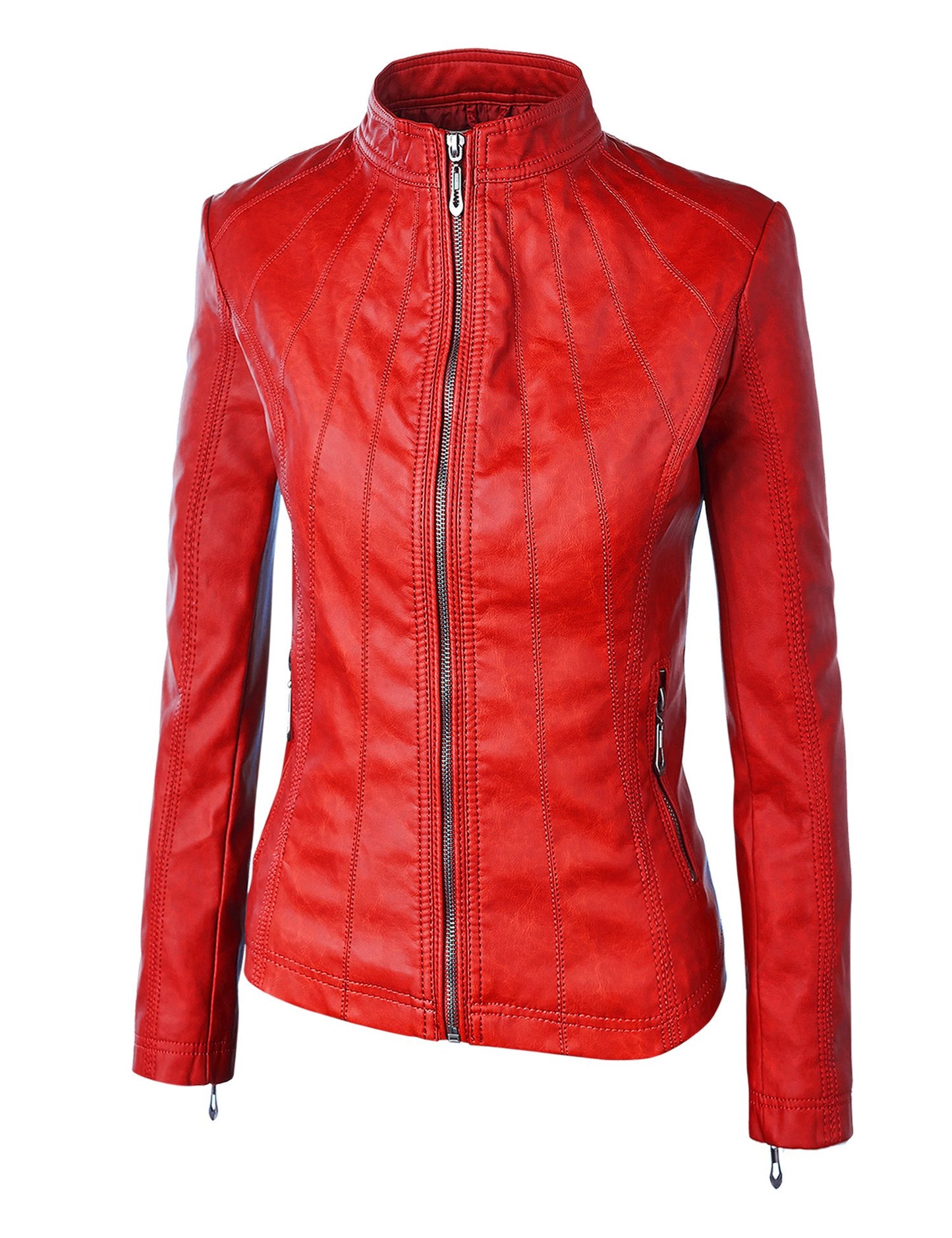MBJ WJC877 Womens Panelled Faux Leather Moto Jacket M RED