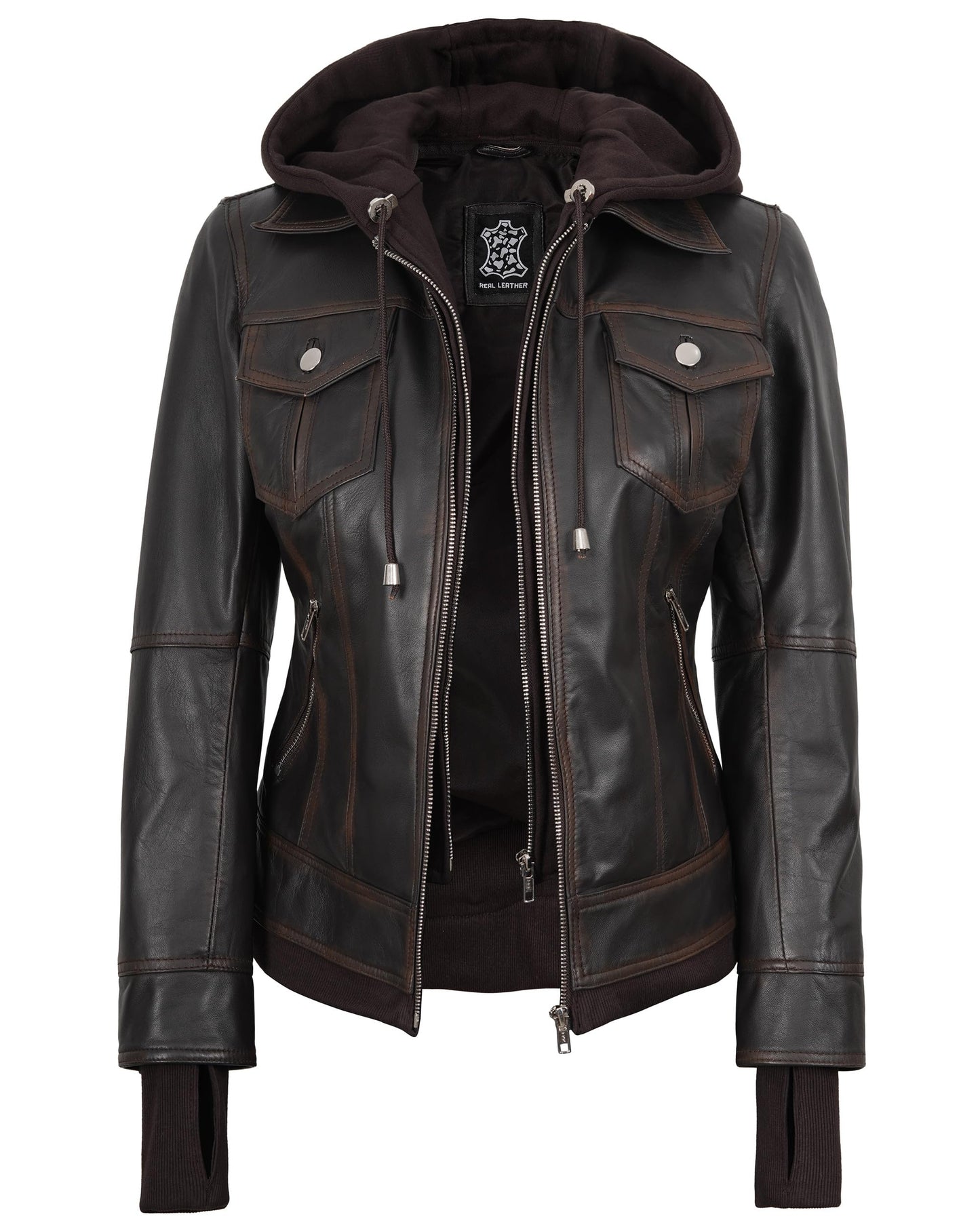 fjackets Leather Jackets For Women - Removable Hood Real Lambskin Tralee Ruboff Leather Jacket Women (N2) | [1316122] S