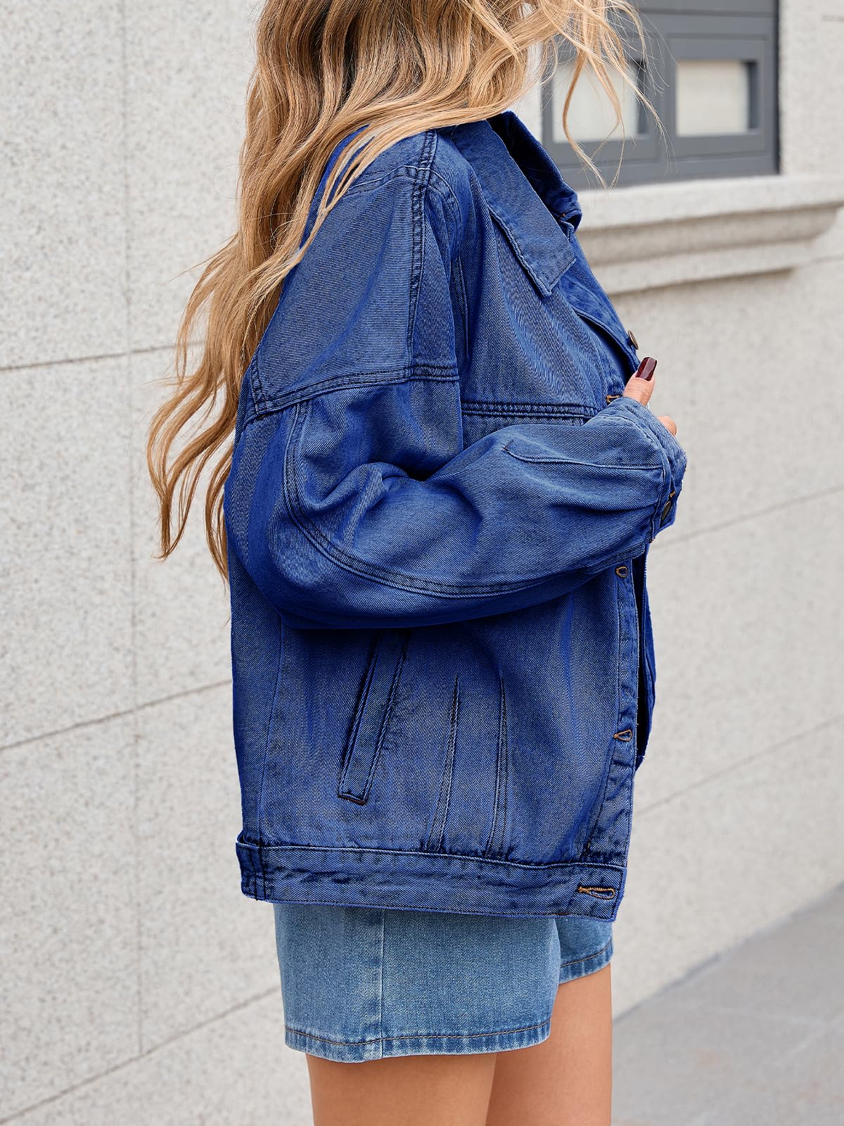 LifeShe Women's Oversized Denim Jacket Boyfriend Ripped Distressed Jean Jackets Casual Long Sleeve Trucker Coat