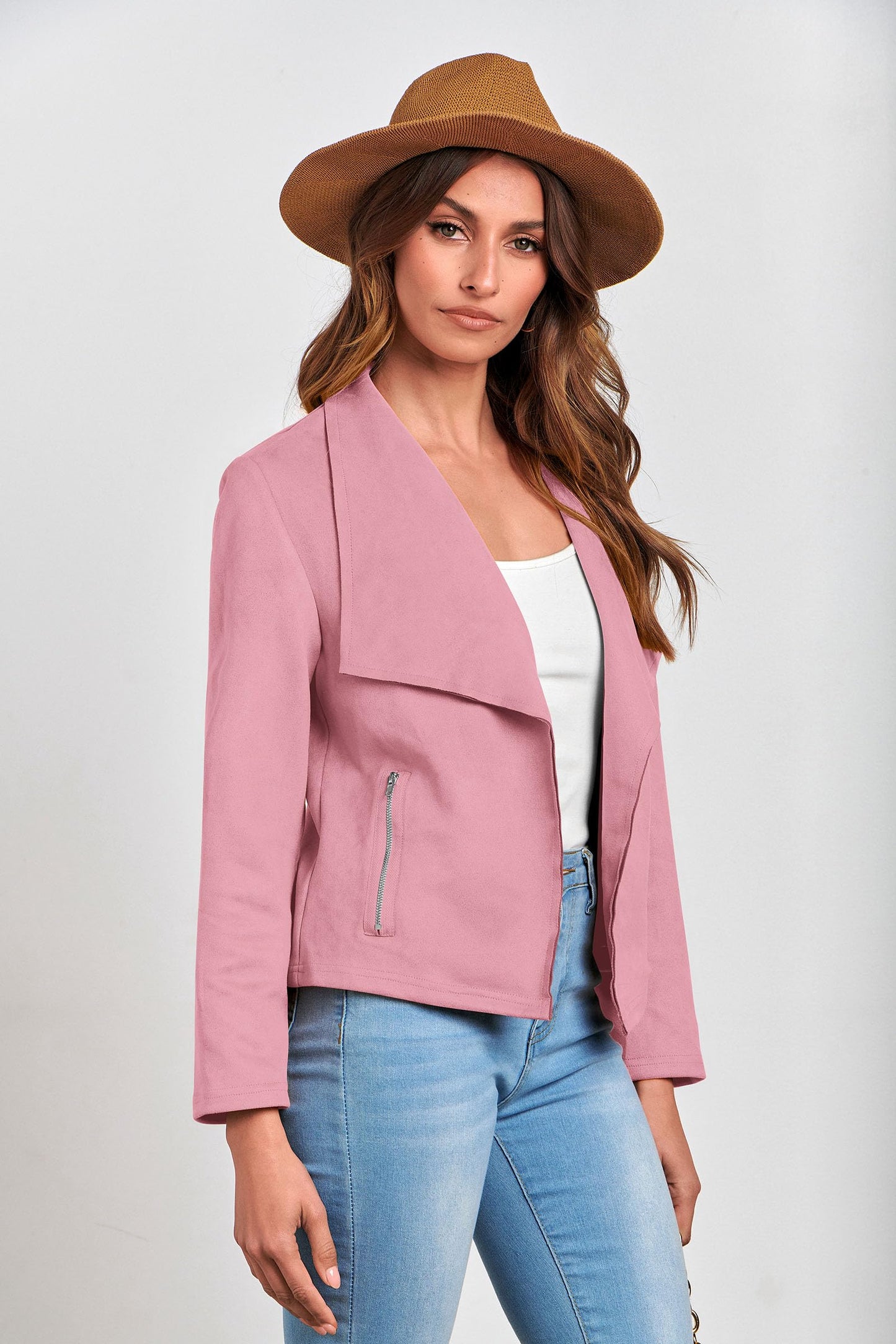 PRETTYGARDEN Fashion Fall Jackets For Women 2026 Open Front Faux Suede Leather Short Jacket Coats Outerwear (Pink,Large)