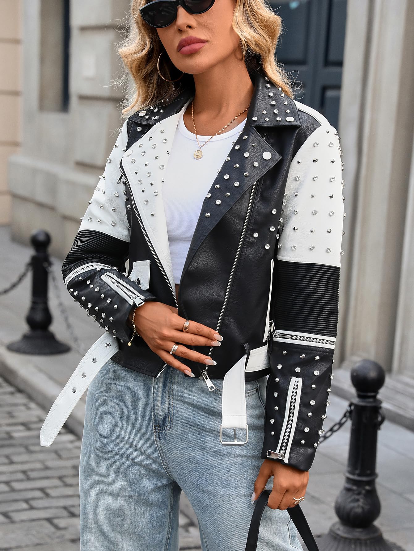 LY VAREY LIN Studded Faux Leather Moto Jacket Women Black PU Biker Coat with Rivets Punk Style