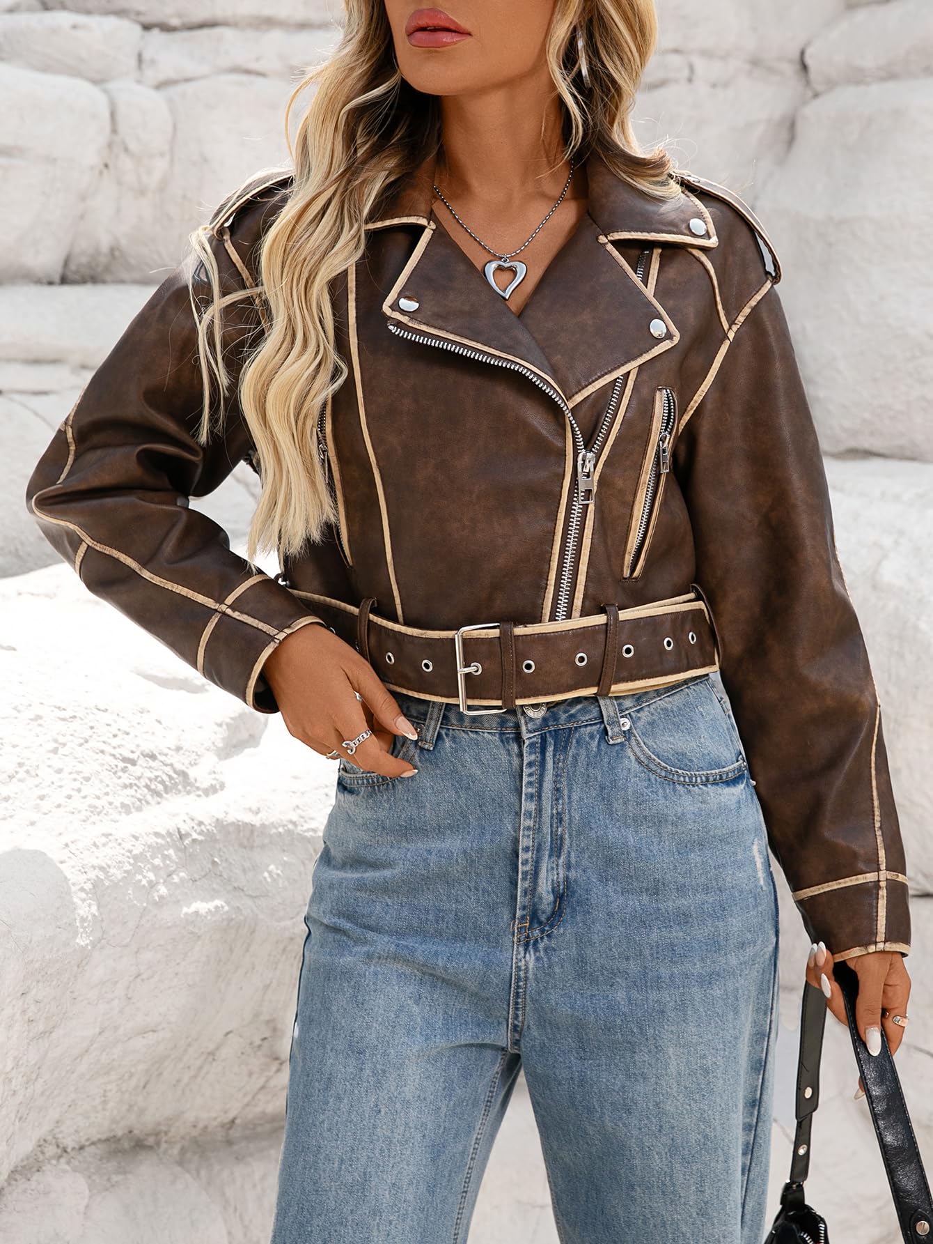 LY VAREY LIN Women Faux Leather Cropped Jacket Lapel Zipper Biker Short Coat with Belt