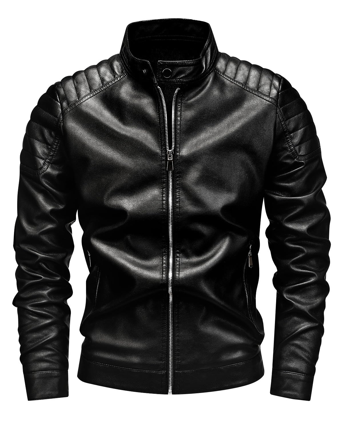 Fairylinks Leather Racer Jacket Men Slim Fit Motorcyle Black Small