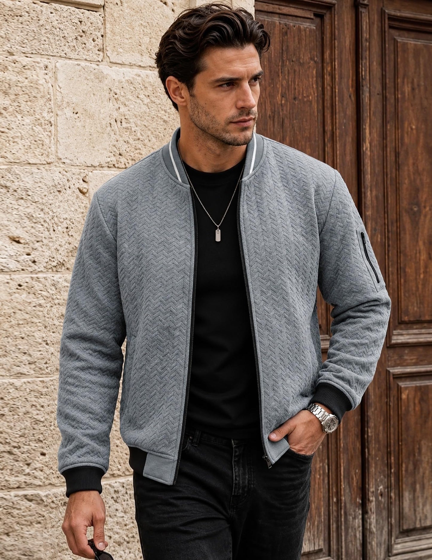 JMIERR Men's Textured Full Zip Bomber Jacket Multi Pockets,Grey,S