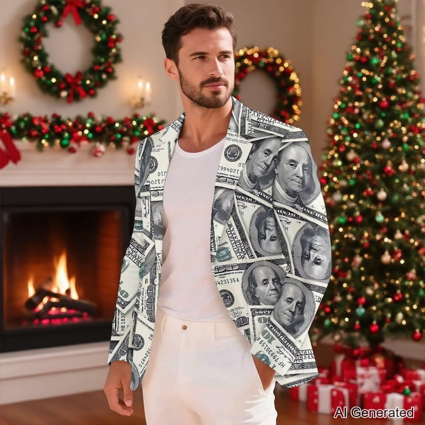 Psaytomey Men's Suit Notched Lapel Slim Fit Stylish Blazer Dress Suit Money Dollar Printed Blazer for Men Business Jackets Suit Jacket Lightweight Casual Blazer