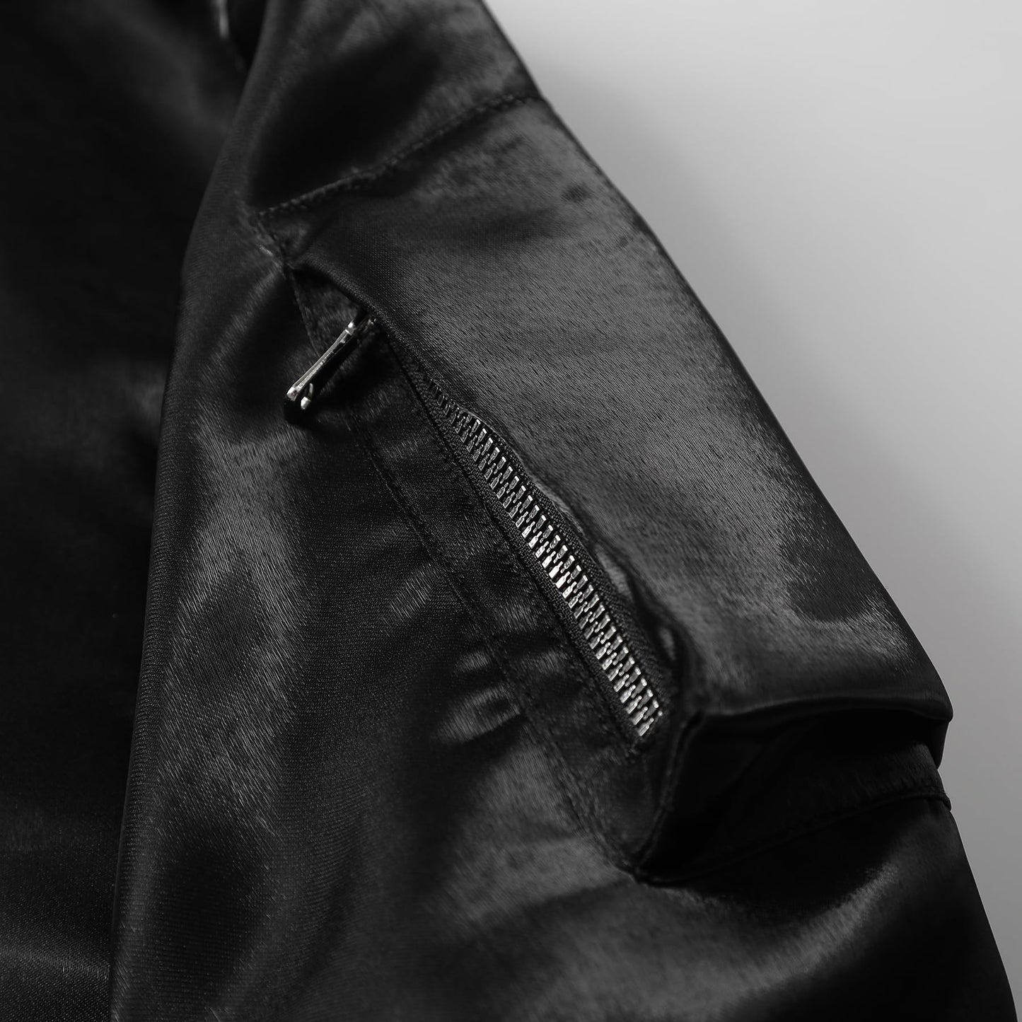 BYBNOLL Men's Satin Bomber Jacket Full Zip Flight Coat with Sleeve Pocket (Black,L)