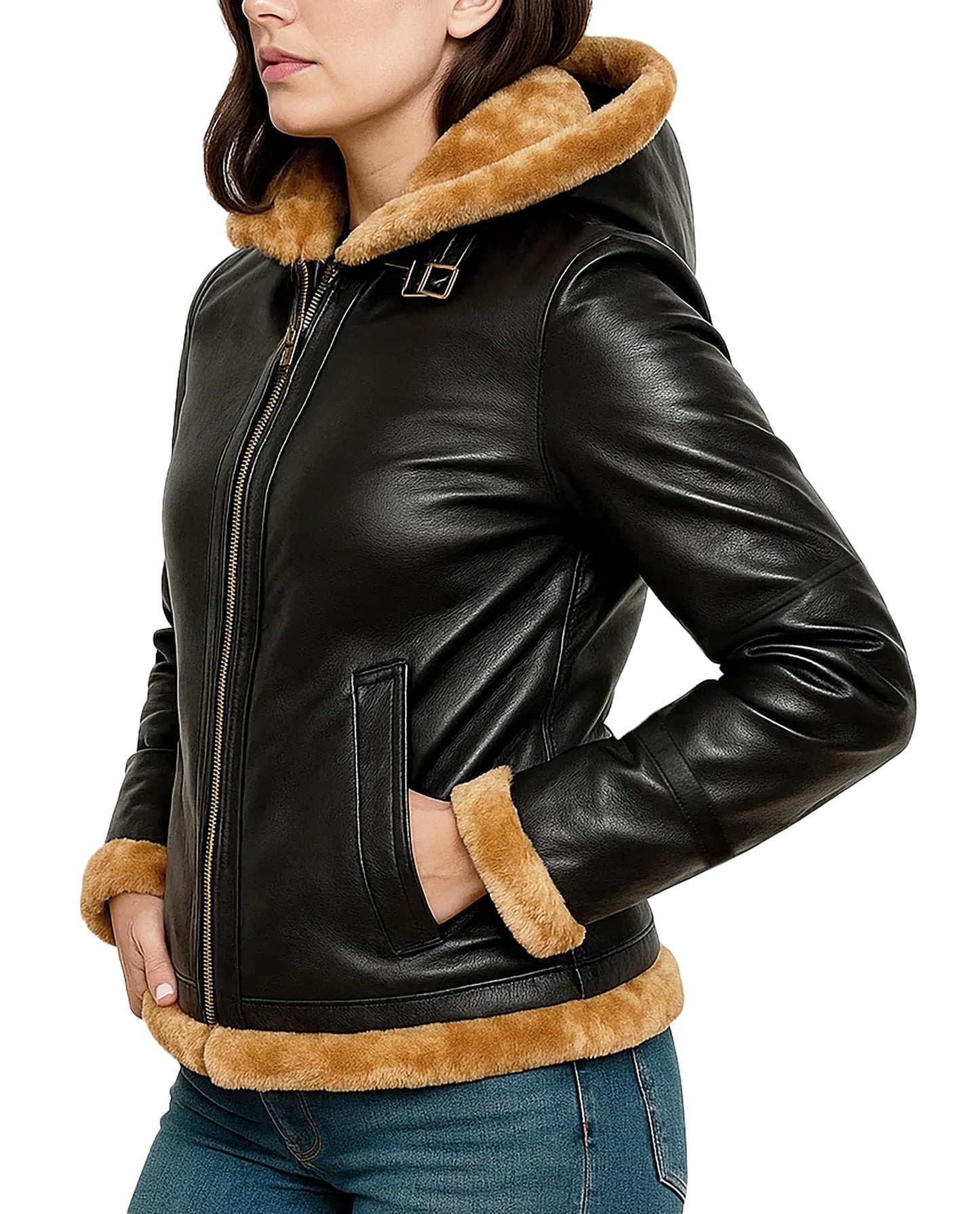LP-FACON Womens B3 Brown Shearling Bomber Jacket - Winter Aviator Pilot Sheepskin Black Leather Jacket Removable Hoodie