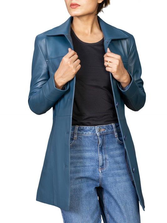 Jild Casual Car Coat Lambskin Leather Jacket Women – ¾ Length Blazer Overcoat Style Leather Long Coat Women (CCW-Blue-M)