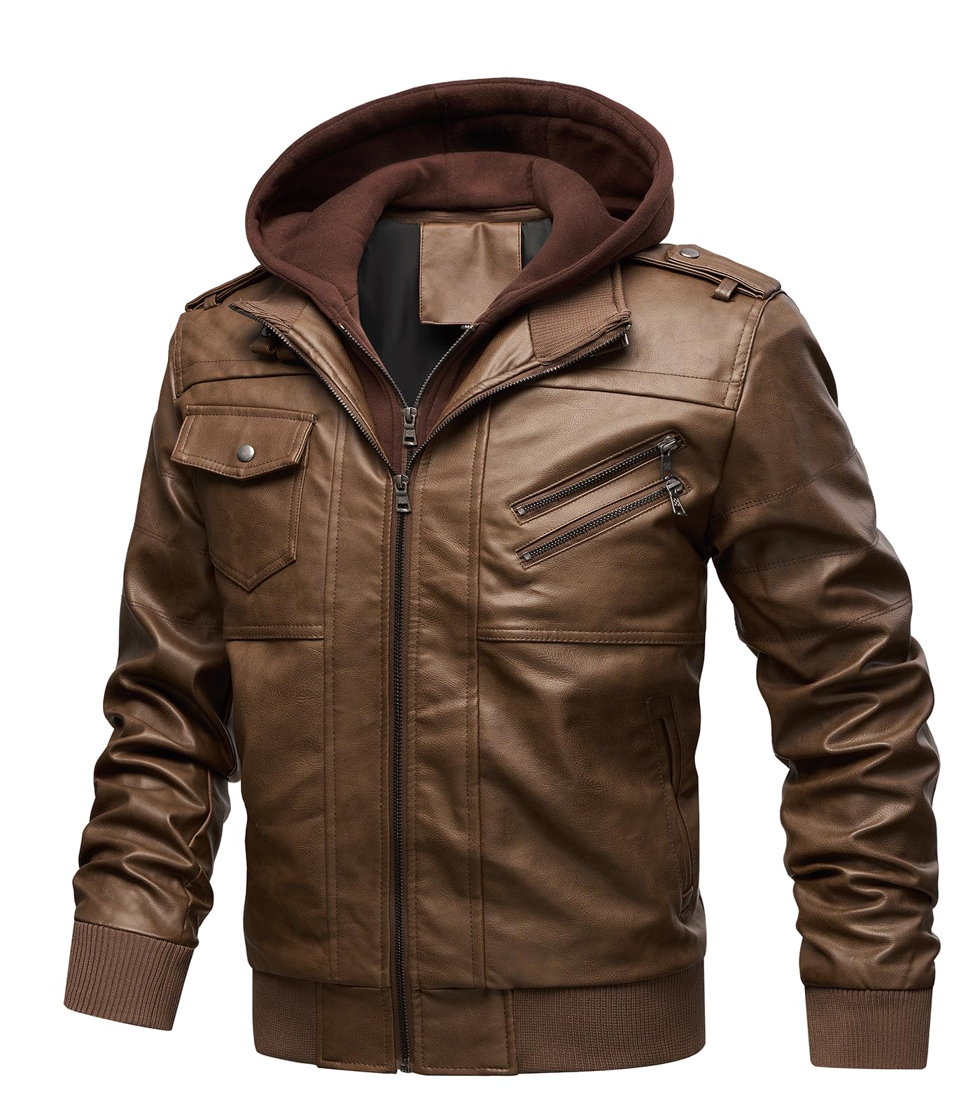 INVACHI Leather Jacket Men Motorcycle Biker Jacket Faux Leather Mens Bomber Jacket with Removable Hood Vintage Outwear