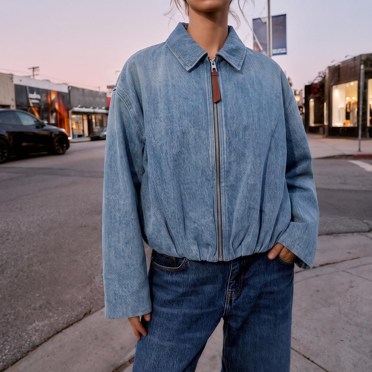HUEOBIR Women's Denim Bomber Jacket Zip Up Draped Loose Fit Collared Casual Lightweight Trendy Jean Jackets(Indigo Blue, L)