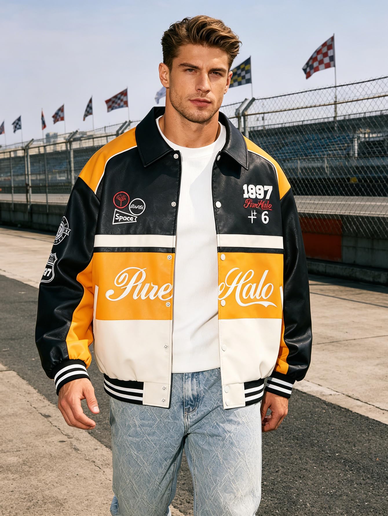RAOENJADO Men's Racing Jacket Faux Leather Race Car Motorcycle Biker Style