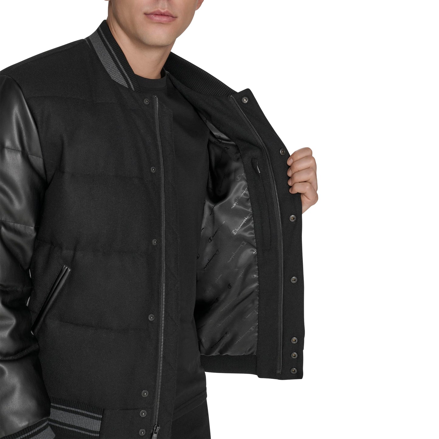 Champion Men's Varsity Bomber Puffer Jacket, Black Faux Leather, Large