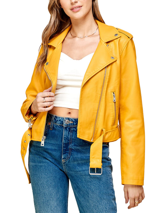 Lock and Love LL WJC1849 Women's Asymmetrical Faux Lether Belted Moto Jacket L MUSTARD