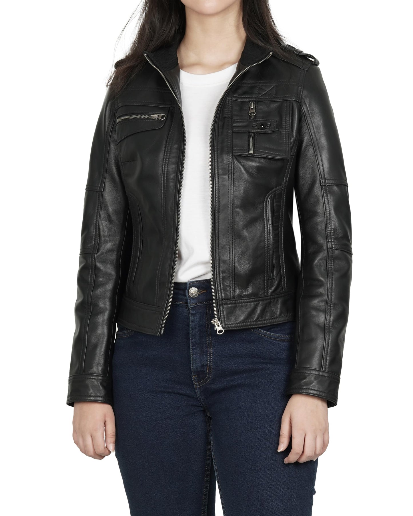 Blingsoul Cafe Racer Womens Black Leather Jacket | [1314244] Tavares Black, L
