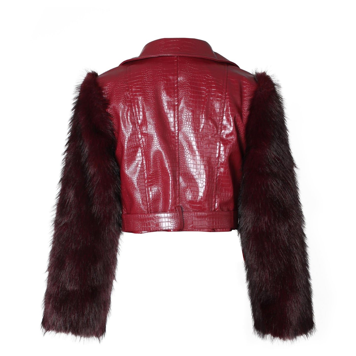 pnahip Faux Fur Leather Jackets for Women Lapel V Neck Long Sleeve Zipper Patchwork Crop Jacket Going Out Outerwear, Red, XL