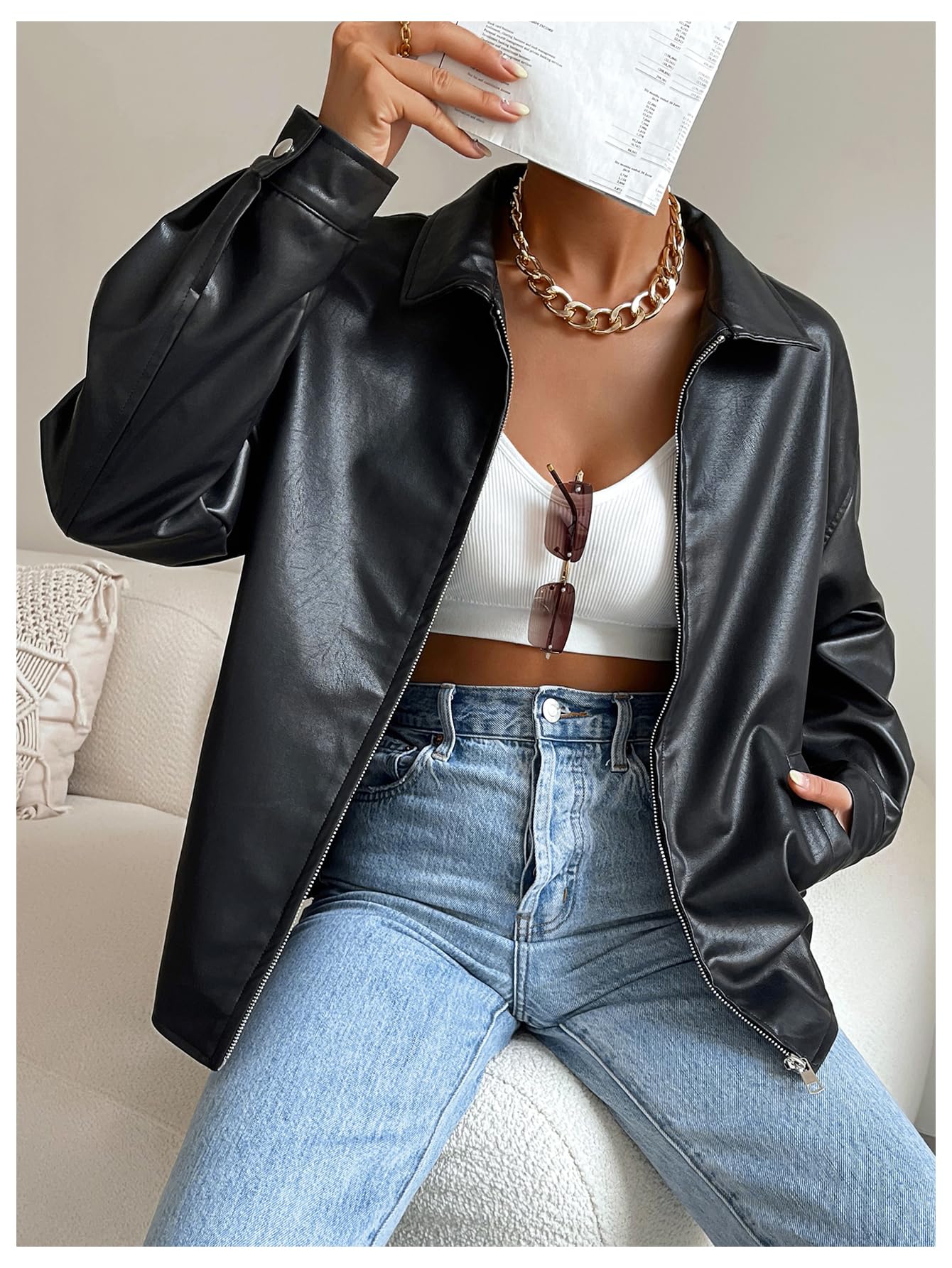 MakeMeChic Women's Faux Leather Shacket Long Sleeve Zip Up Motorcycle Jacket Biker Coat Black S