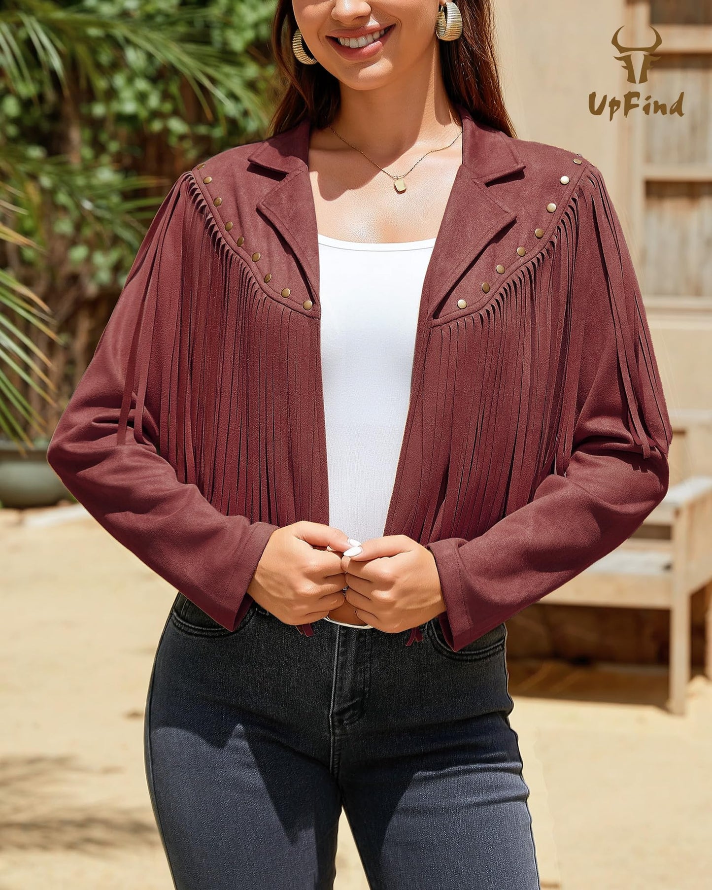UpFind Women's Fringe Faux Suede Leather Jackets Fashion Fall Western Tassel Motorcycle Cropped Open Front Coats with Rivets, Wine Red/Medium
