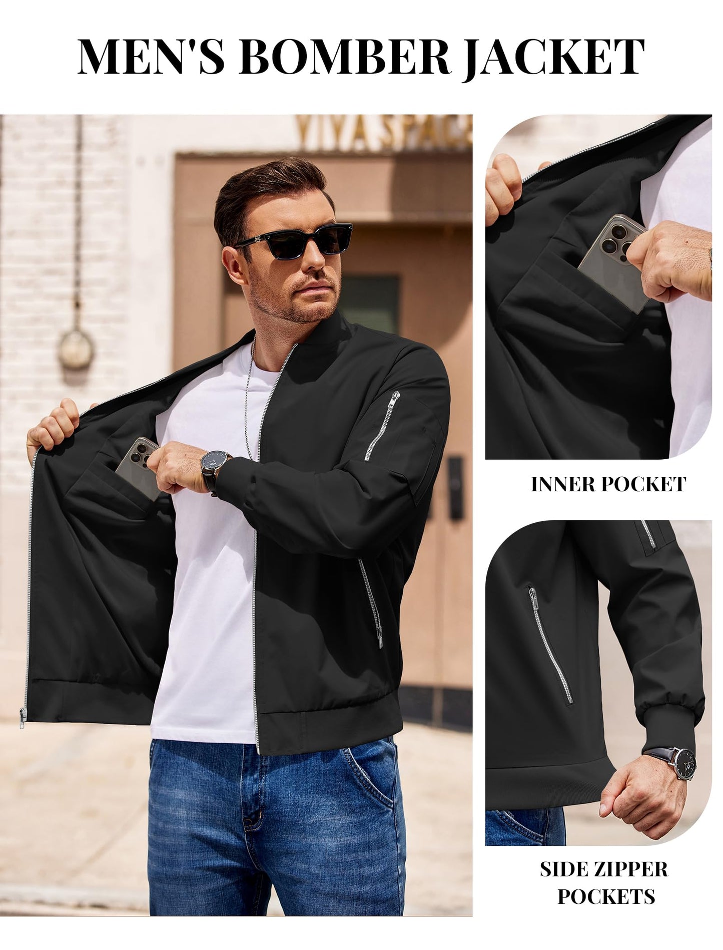 COOFANDY Black Bomber Jacket Lightweight Casual Windbreaker Spring Fall Zip Up Jackets Polyester Coat With Pocket L