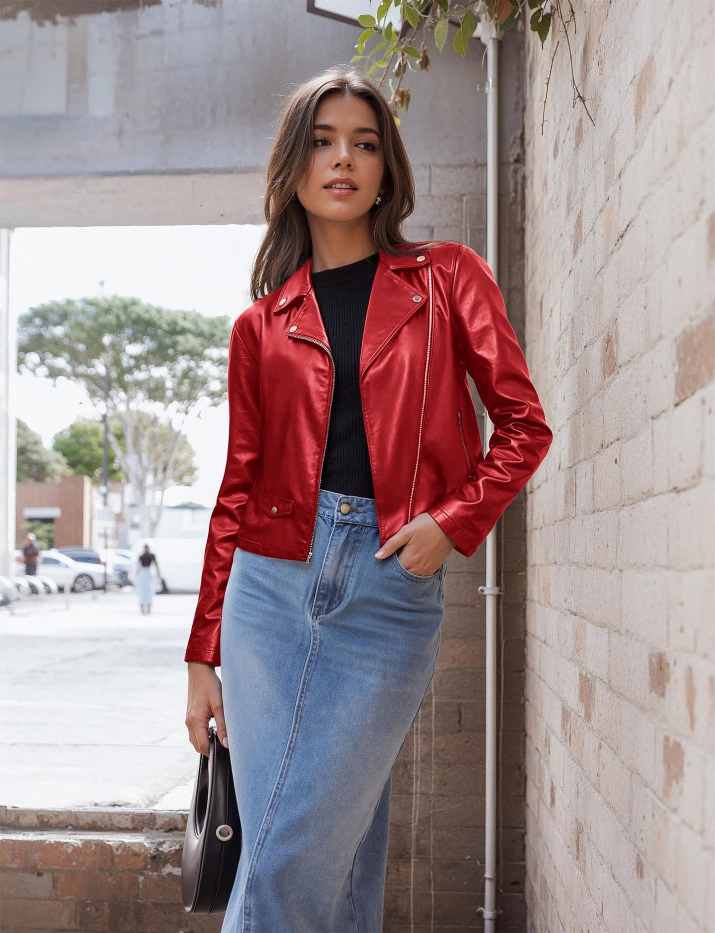Olivia Miller Women's Faux Leather Moto Biker Jacket Long Sleeve Zip Jacket JK5208 RED S