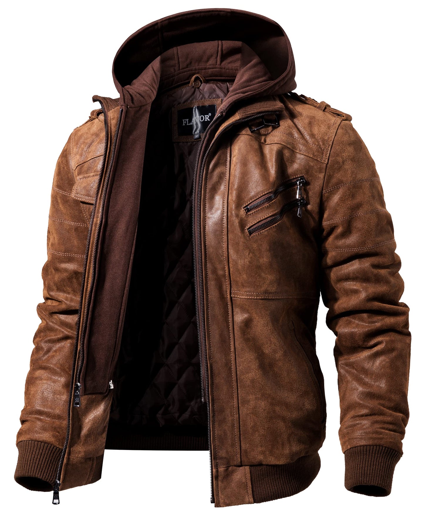 FLAVOR Men Brown Leather Motorcycle Jacket with Removable Hood (Medium (US standard), Brown)