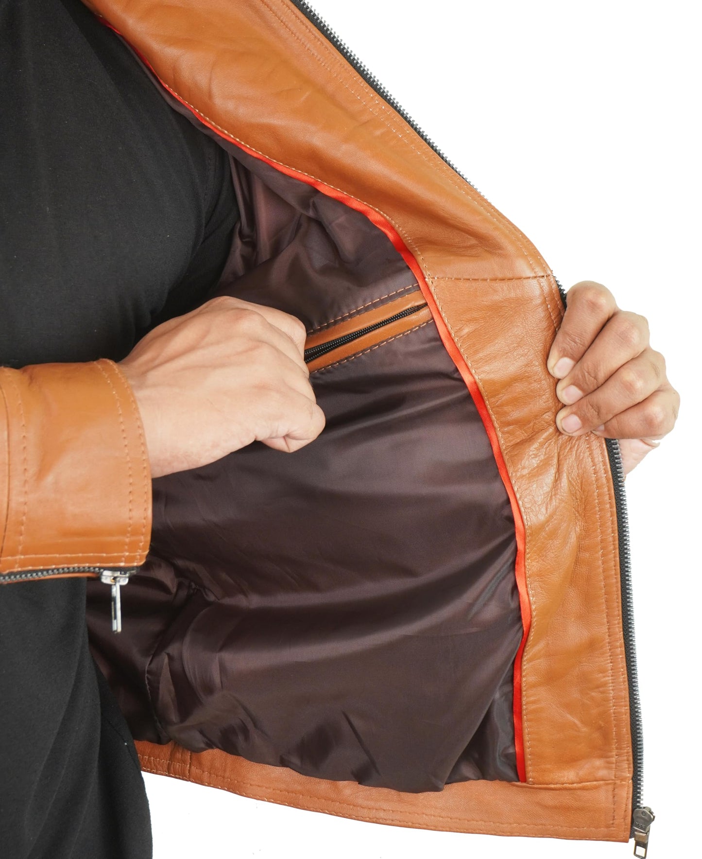 Cafe Racer Leather Jacket Men - Mens Brown Leather Jacket | Stripe Brown - L