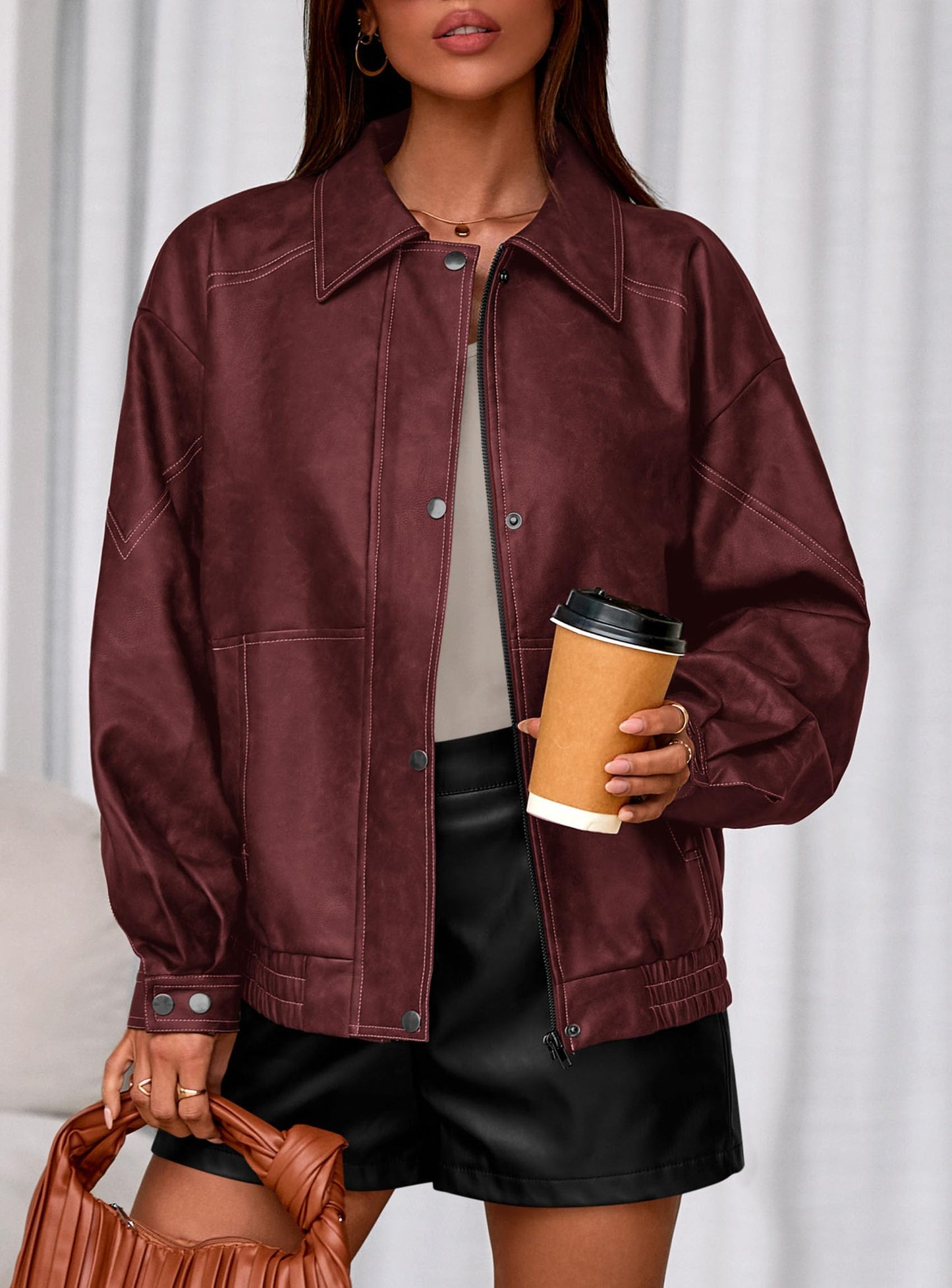 PRETTYGARDEN Faux Leather Jacket Women Bomber Motorcycle Zip Up Jackets Oversized Fall Fashion Outfits 2026 Winter Coats (Wine Red,Large)