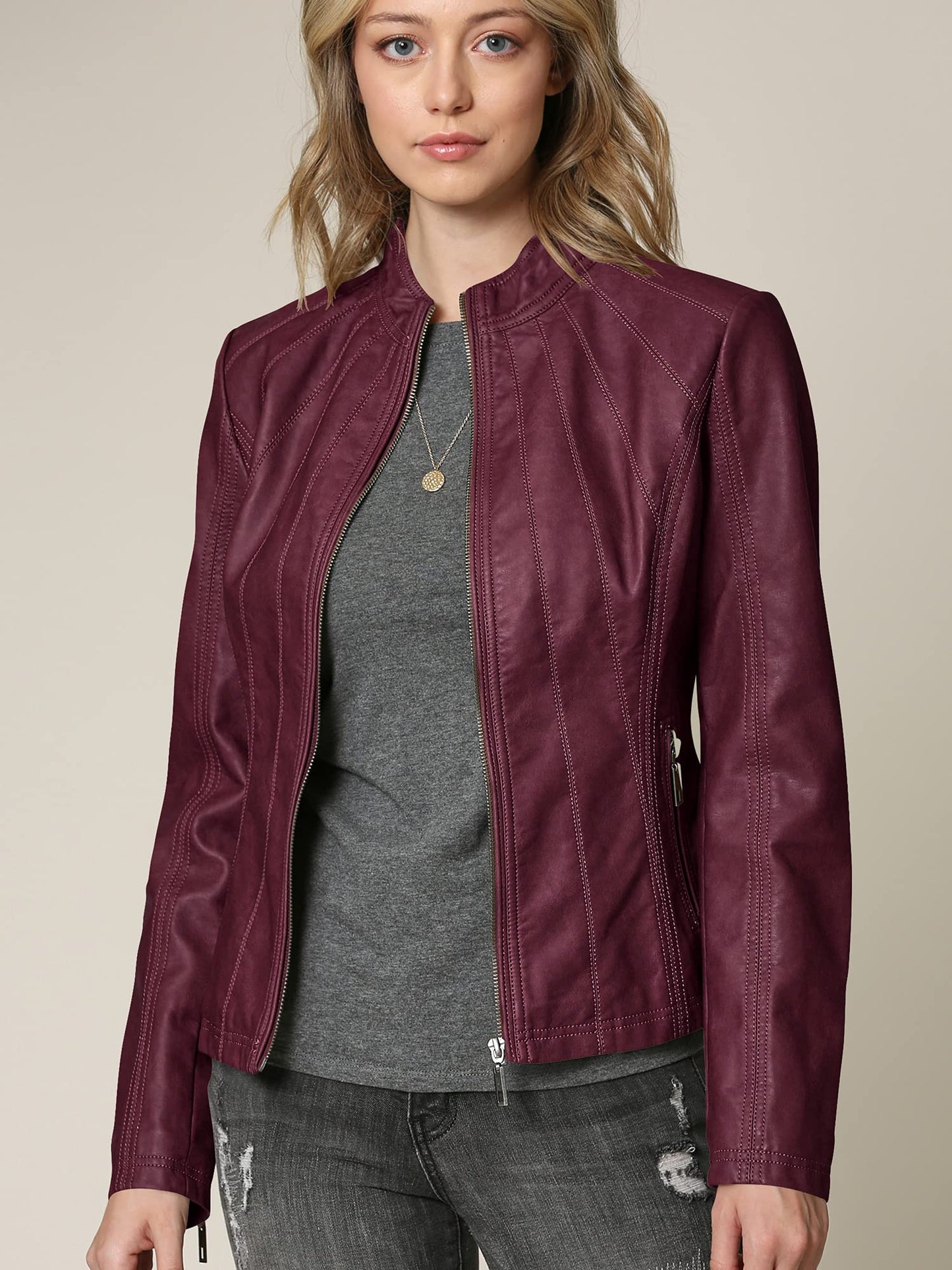 Lock and Love LL WJC877 Womens Panelled Faux Leather Moto Jacket M Wine