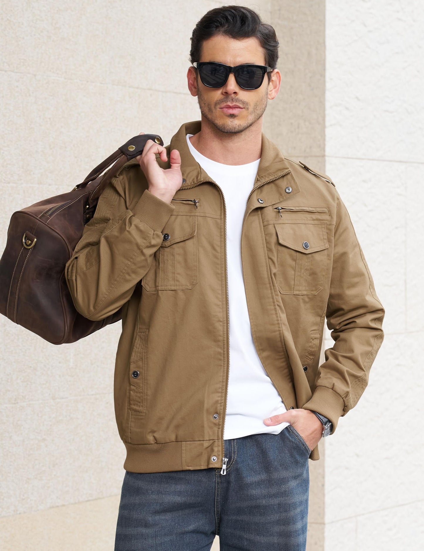 EKLENTSON Bomber Jacket for Men Military Fall Lightweight Windbreaker Flying Cargo Jacket Khaki M