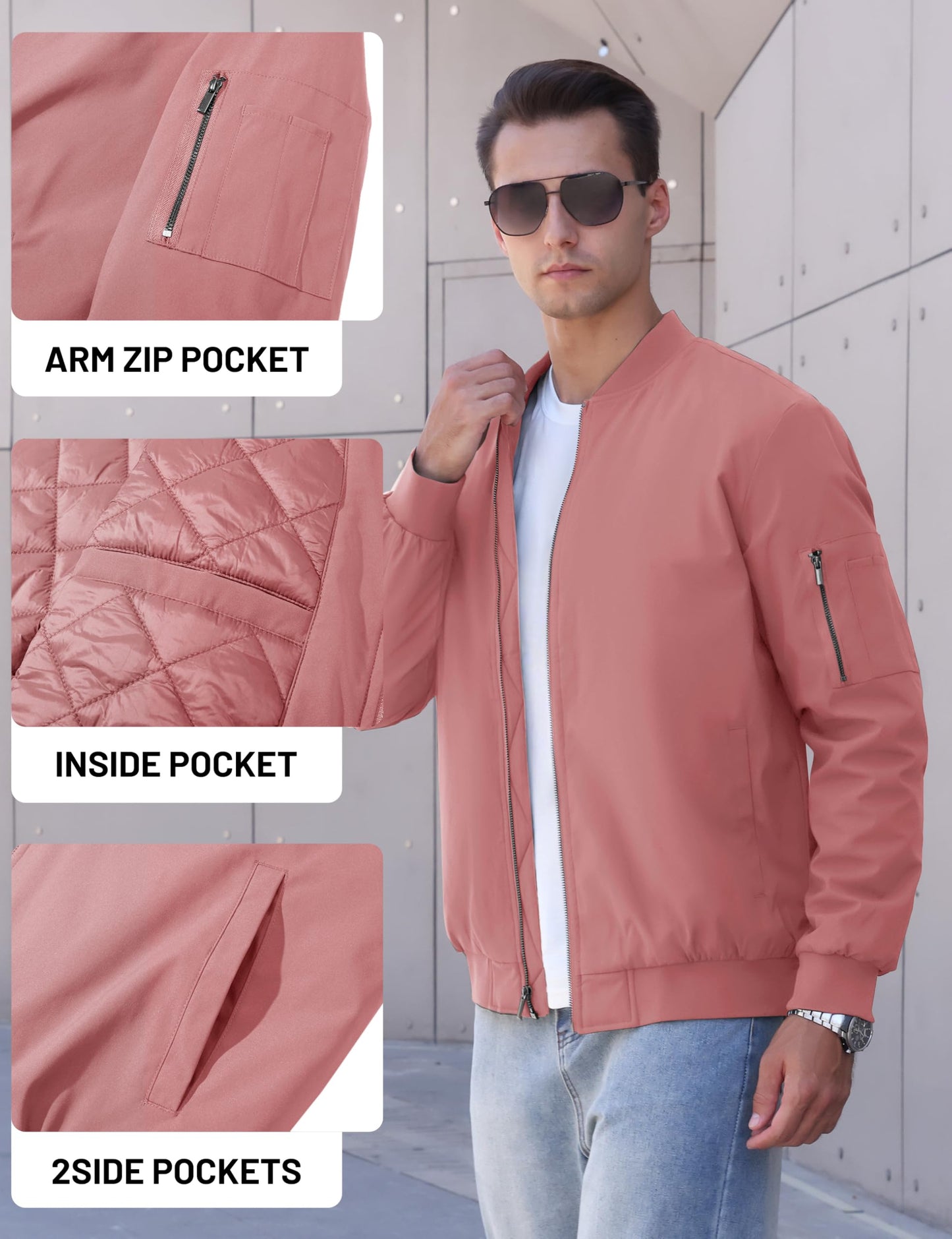 TACVASEN Men's Bomber Jackets Thermal Quilted Jacket Water Resistant Warm Winter Coats GrayPink XL