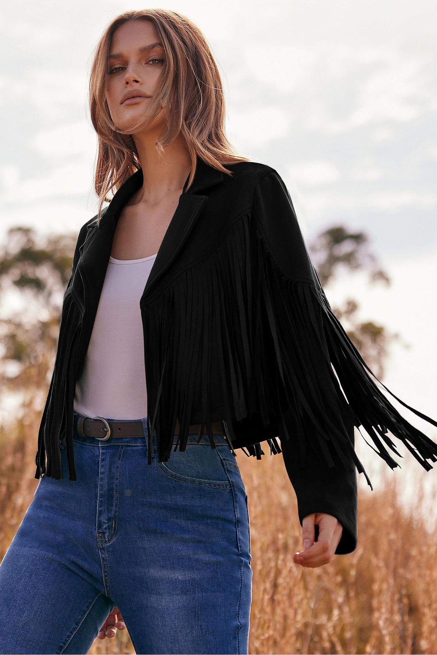 PRETTYGARDEN Women's Fringe Faux Suede Leather Jackets Fall Fashion 2025 Tassel Motorcycle Cropped Coats (Black,X-Large)