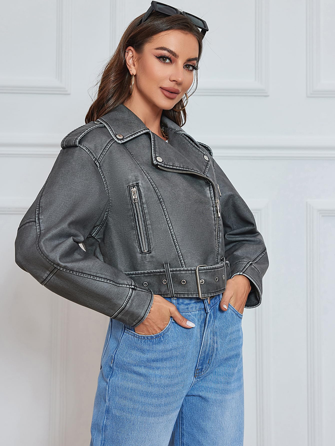 LY VAREY LIN Women Faux Leather Cropped Jacket Lapel Zipper Biker Short Coat with Belt