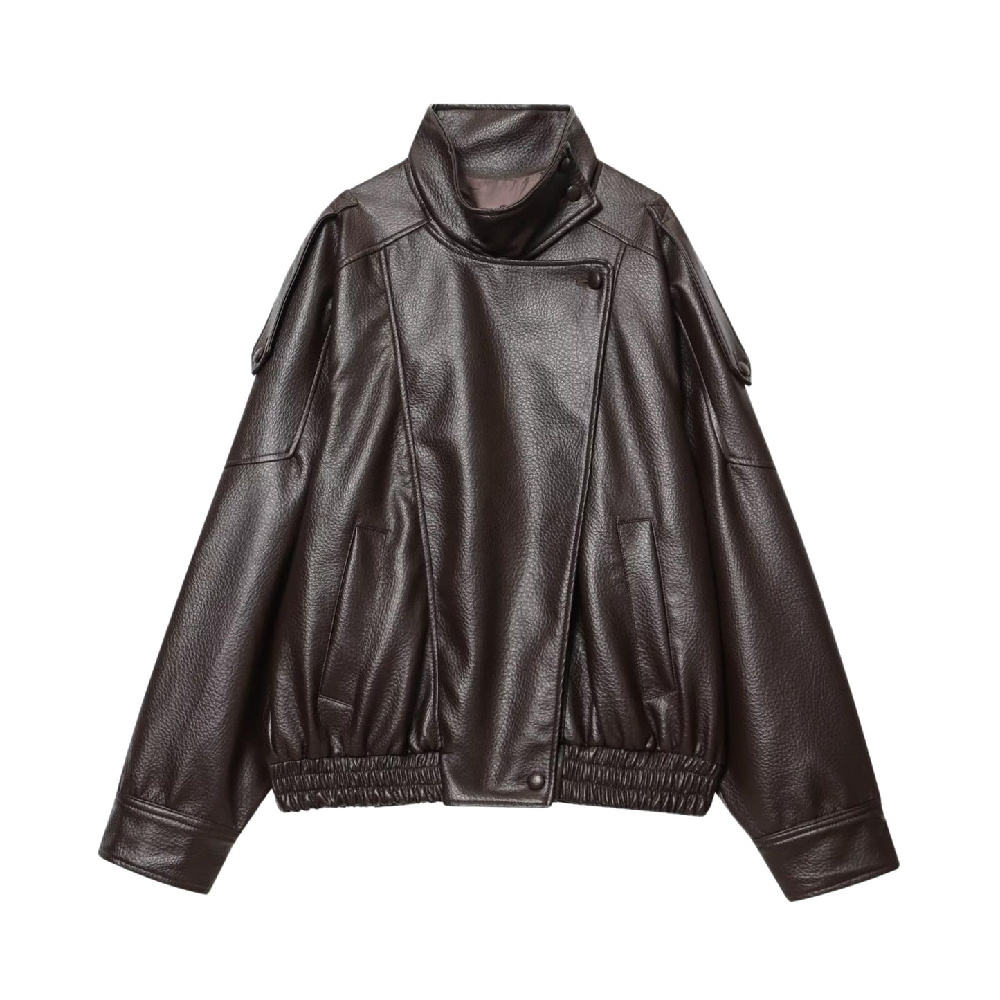 FindThy Women’s Oversized Faux Leather Jacket Casual High Collar Long Sleeve Zip Up Fall Fashion Motorcycle Coats(4201-BrownA1-S-LB)