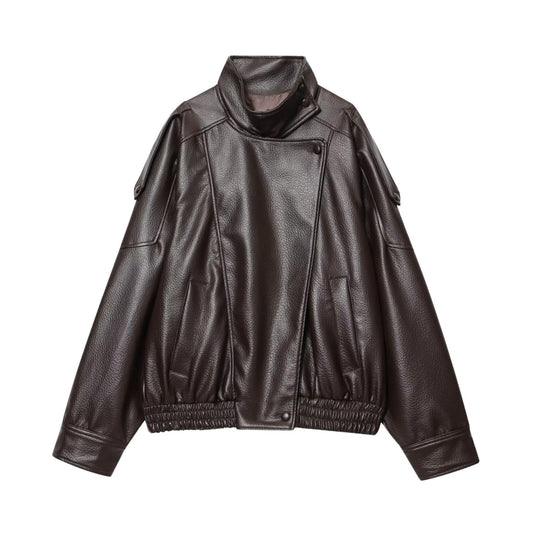 FindThy Women’s Oversized Faux Leather Jacket Casual High Collar Long Sleeve Zip Up Fall Fashion Motorcycle Coats(4201-BrownA1-S-LB)
