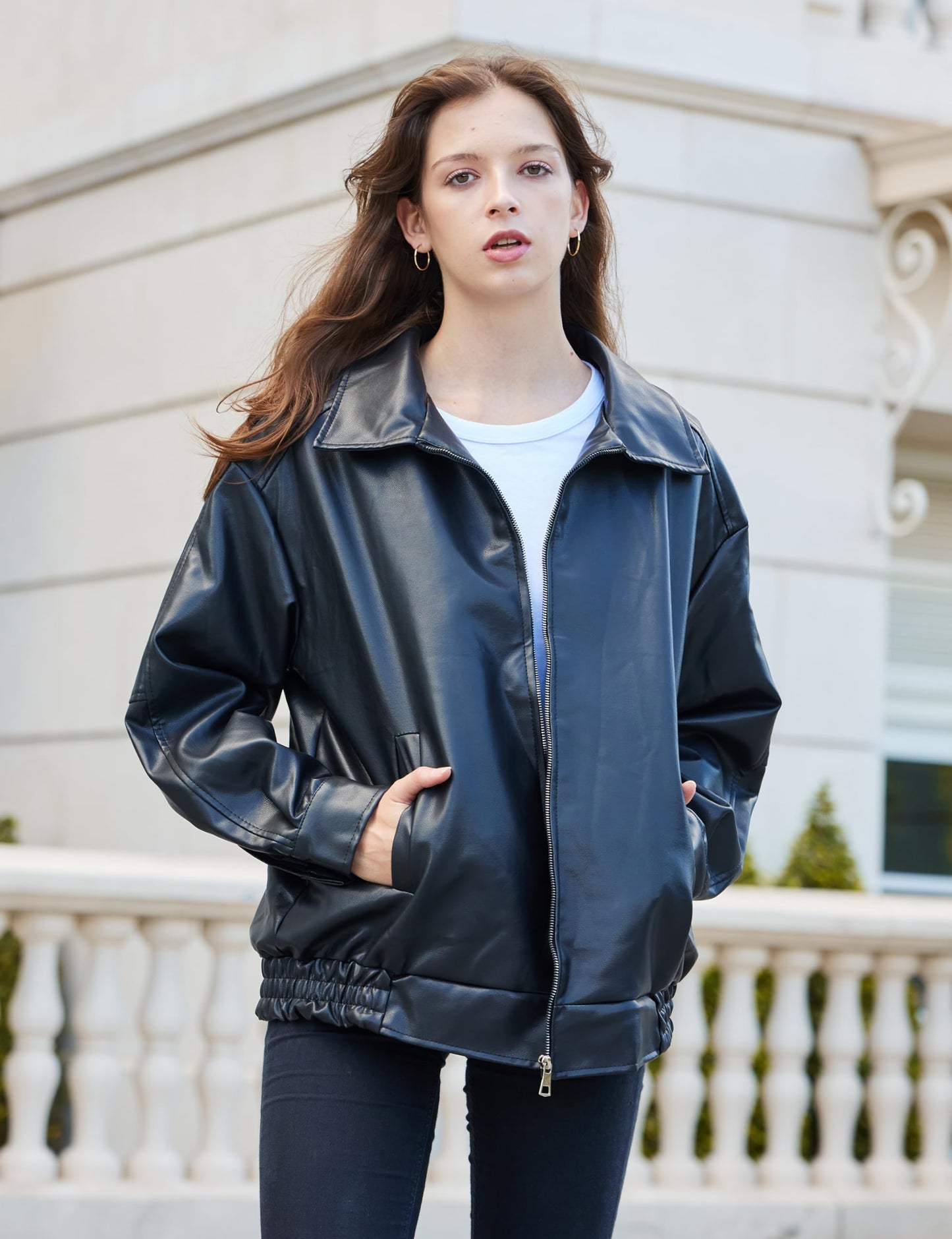 FSVABY Womens Oversized Faux Leather Motocycle Black Jacket Zip Up Outwear Coat with Pockets (Black, Medium)