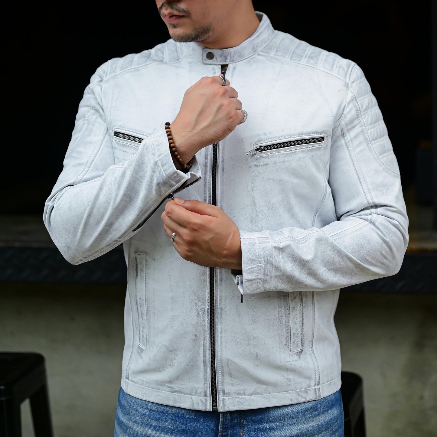 Jild Timeless Classic Leather Jacket Men - Biker Style Real Lambskin Café Racer Vintage Look Motorcycle Jackets for Men (M10-White-XL)