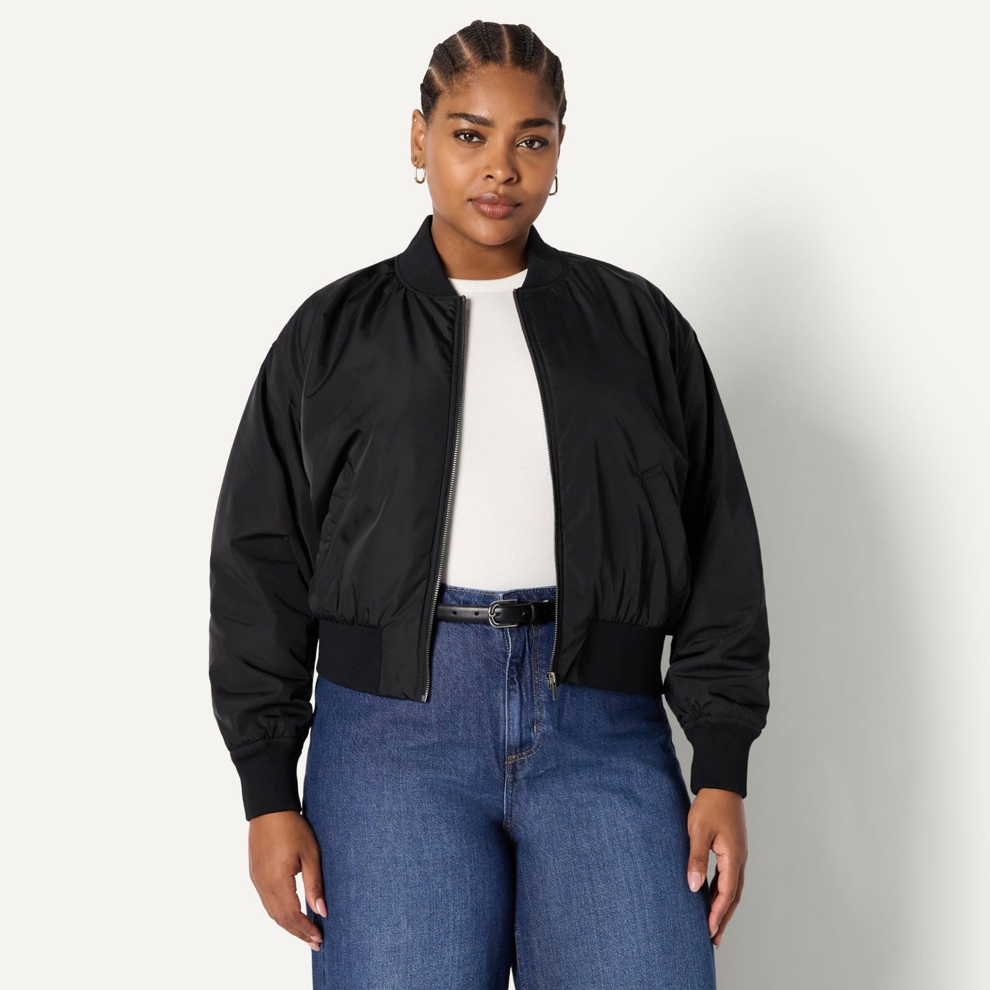 Amazon Essentials Women's Relaxed-Fit Denim Bomber Jacket, Black, Large