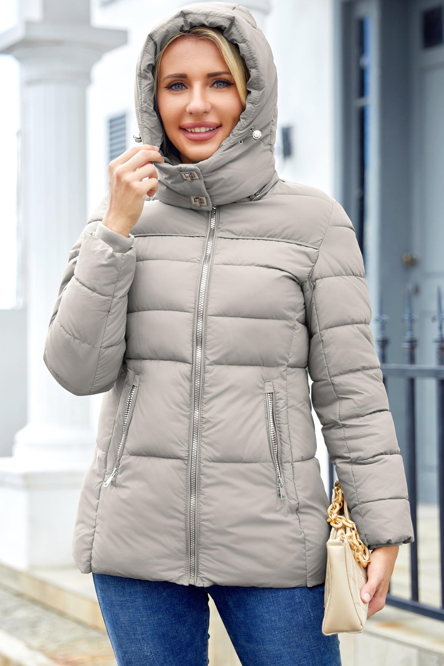 MODERN BUBBLE Womens Packable Puffer Jacket Winter Coat with Hood Warm Lightweight Thickened Down Jacket (US, Alpha, X-Large, Regular, Regular, Grey)