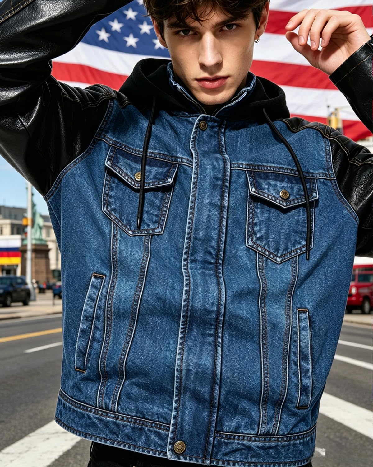 FTIMILD Mens Denim Jacket with Pu Leather Patchwork Biker Jacket with Detachable Hood Jean Jacket with Multiple Pockets