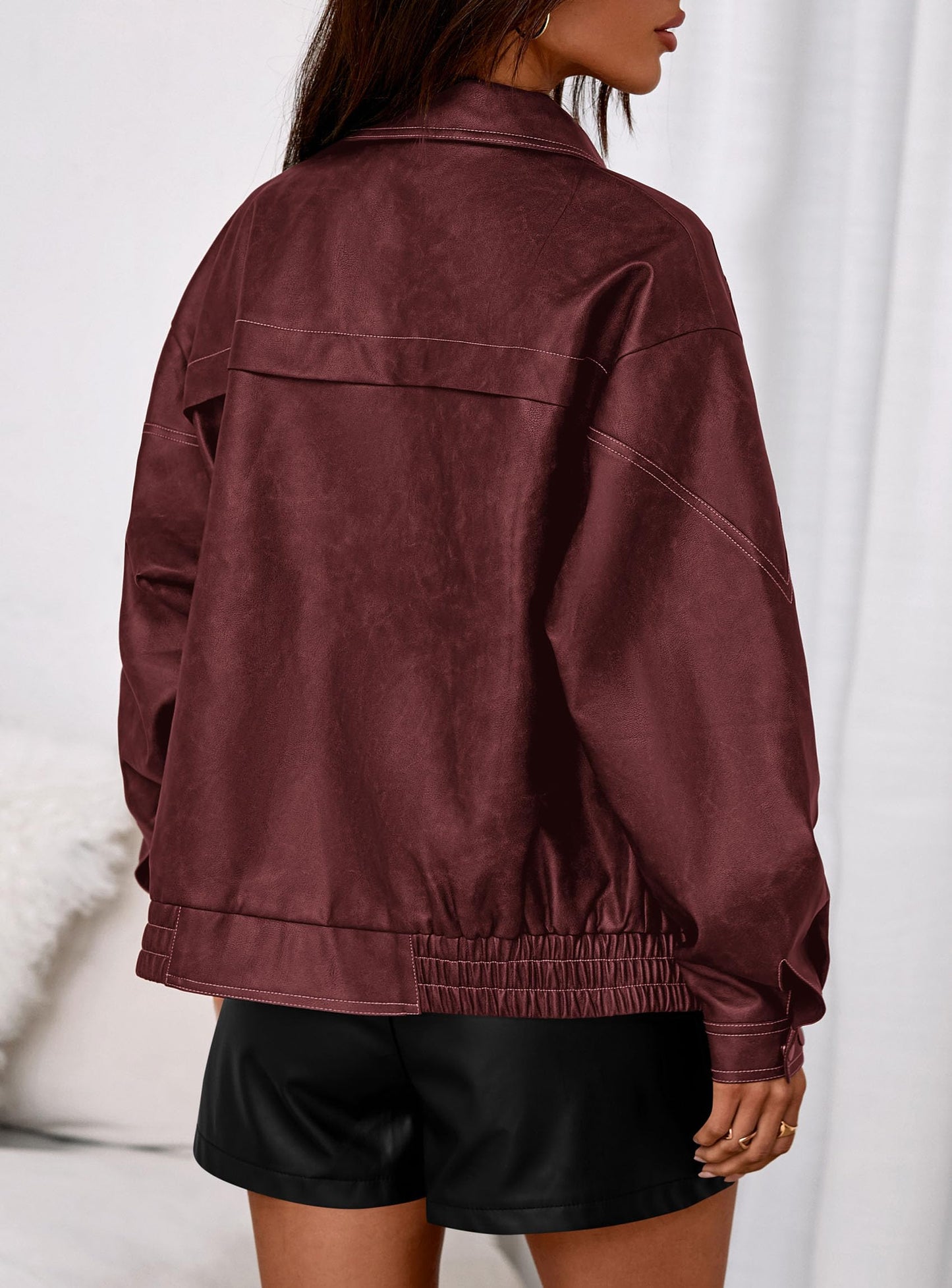 PRETTYGARDEN Faux Leather Jacket Women Bomber Motorcycle Zip Up Jackets Oversized Fall Fashion Outfits 2026 Winter Coats (Wine Red,Large)