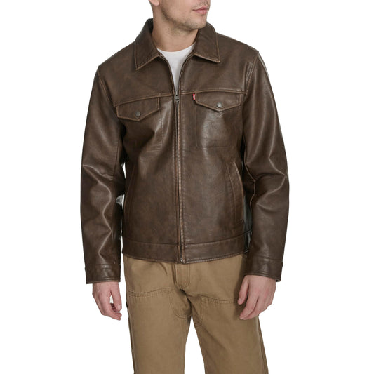 Levi's Men's Faux Leather Modern Trucker Jacket, Saddle, Medium