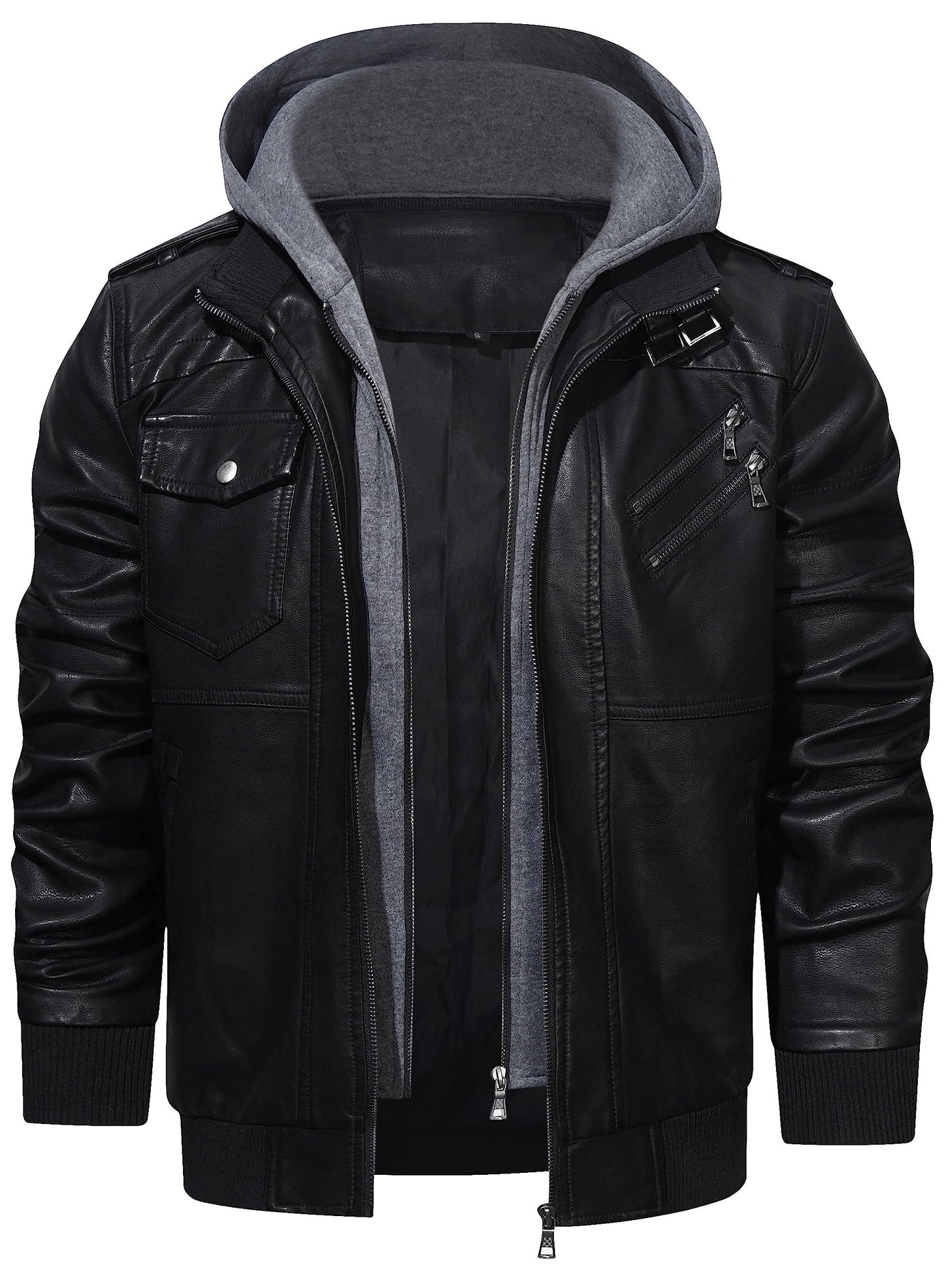 HOOD CREW Men’s Casual Stand Collar PU Faux Leather Zip-Up Motorcycle Bomber Jacket With a Removable Hood